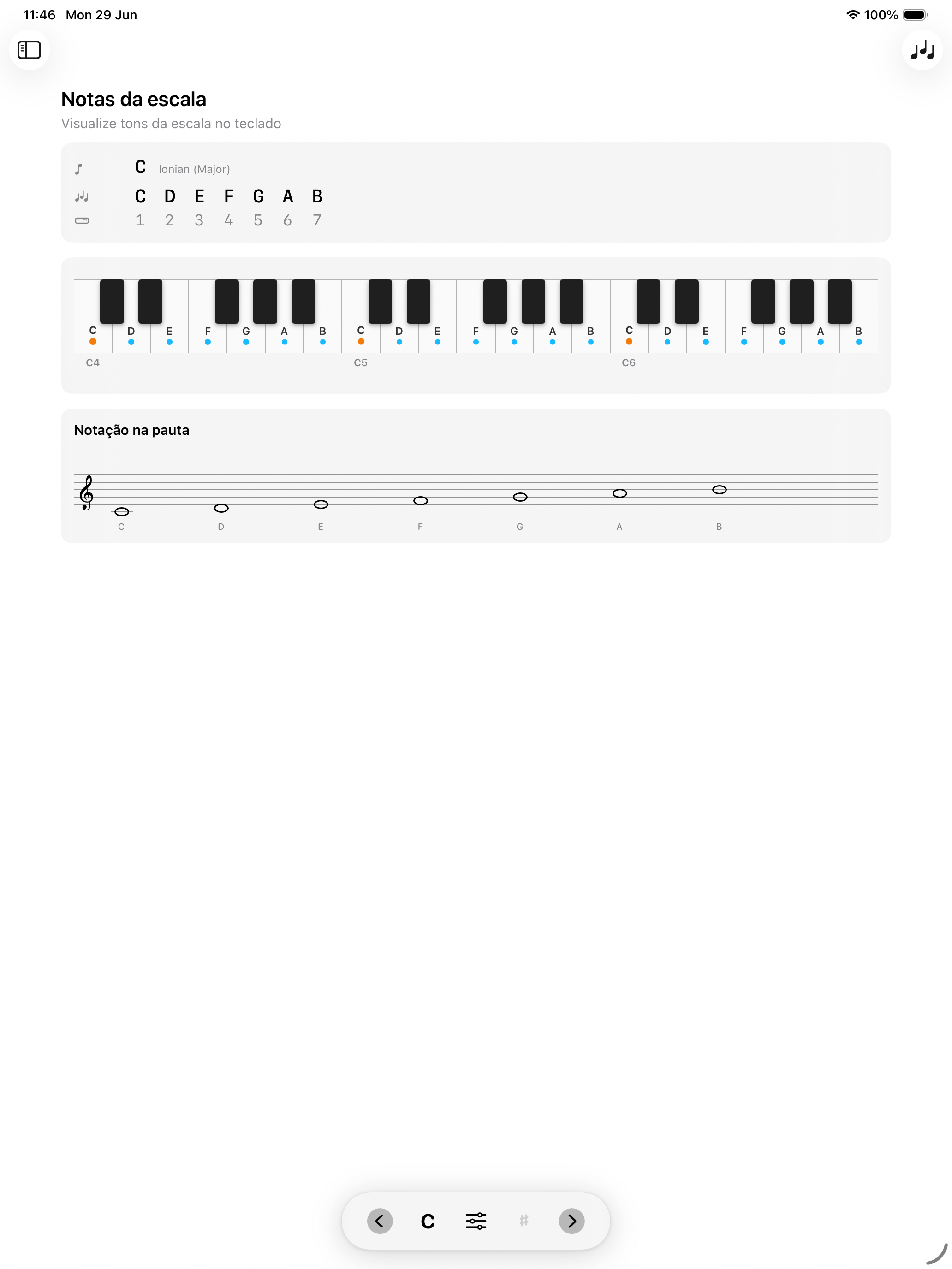 Tela de notas da escala no iPad